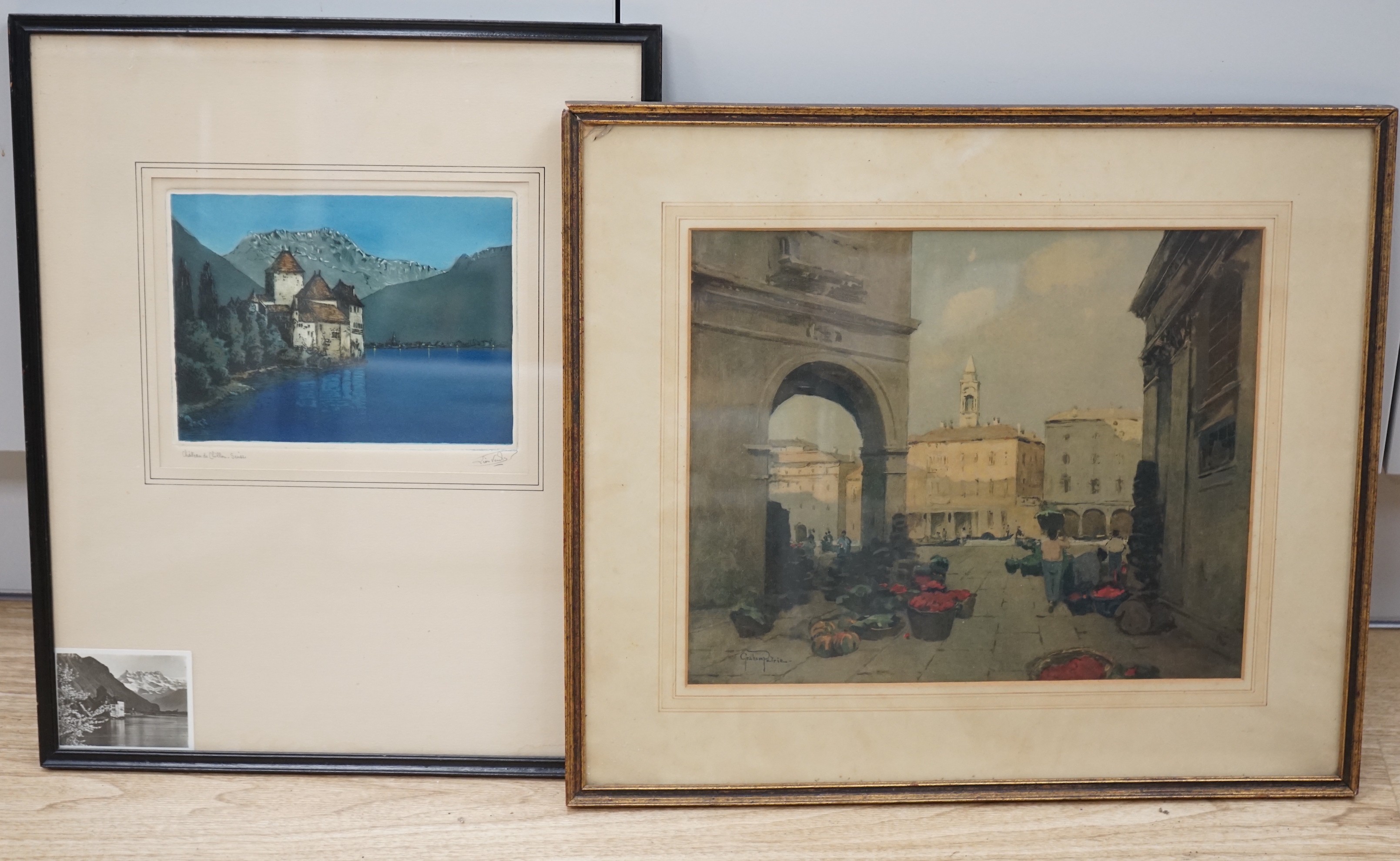 French School, coloured etching, 'Chateau de Chillon, Switzerland', 16 x 21cm, and a Medici print after Graham Petrie of a Venetian Square